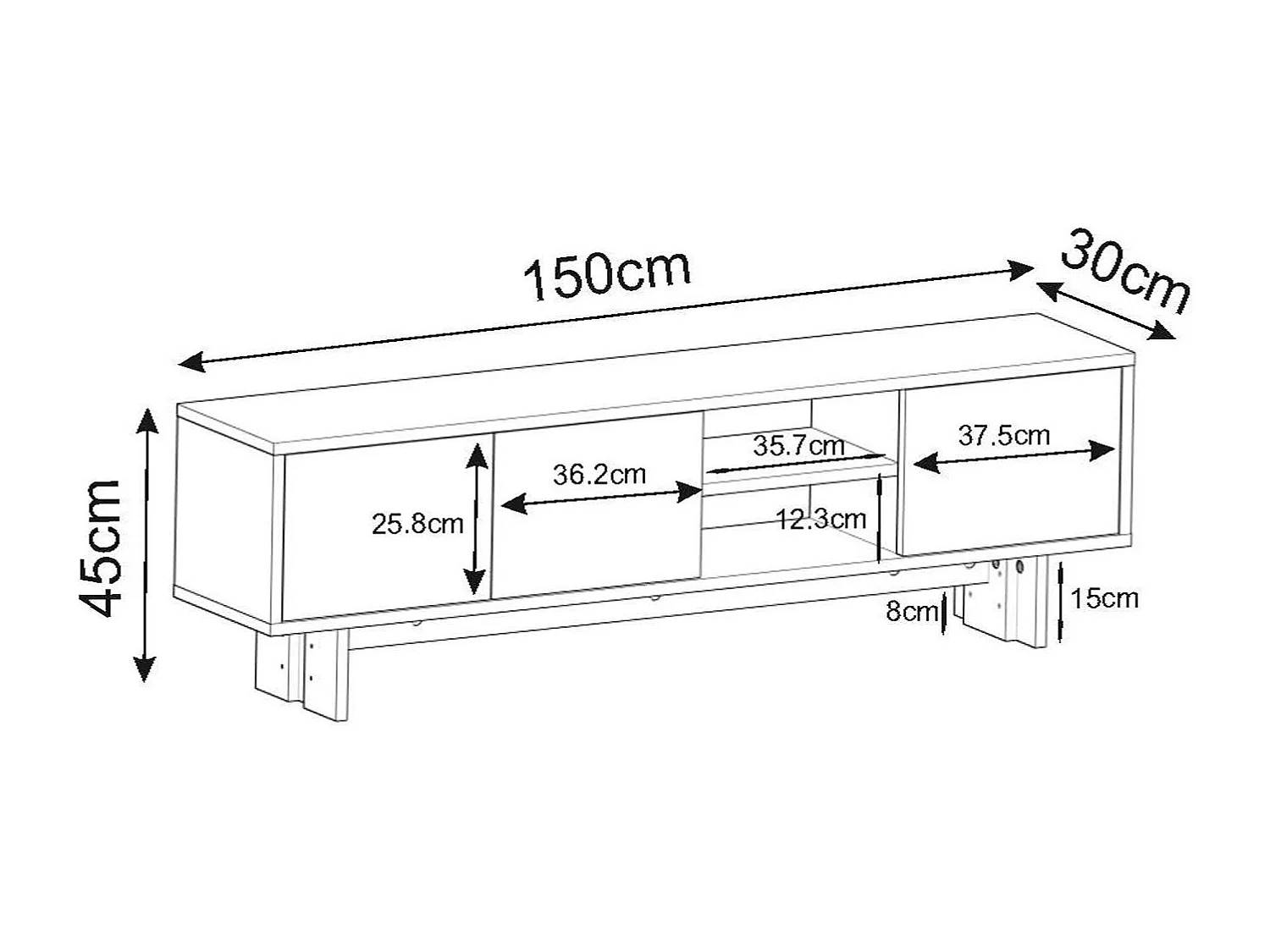 Moderne wit marmeren tv-standaard "Ravello" - 150 x 30 x 45 cm - Houten structuur