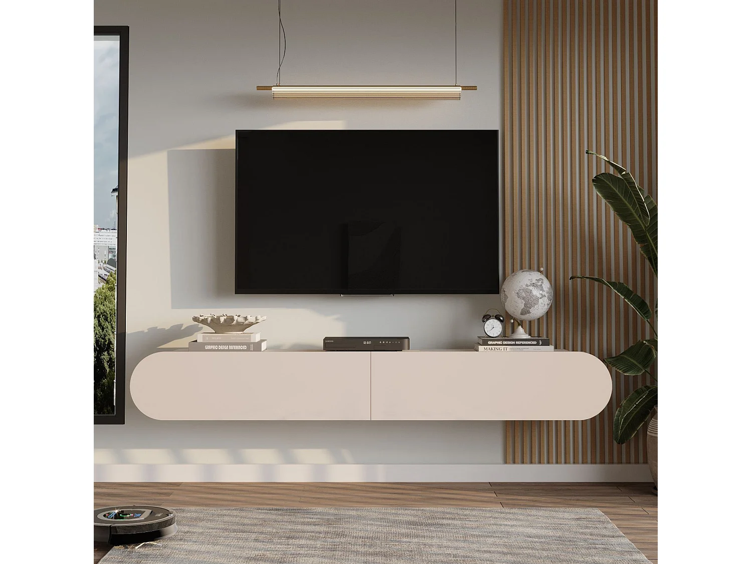 Meuble TV en bois "LUM1" - 180 x 31 x 29 cm - Crème