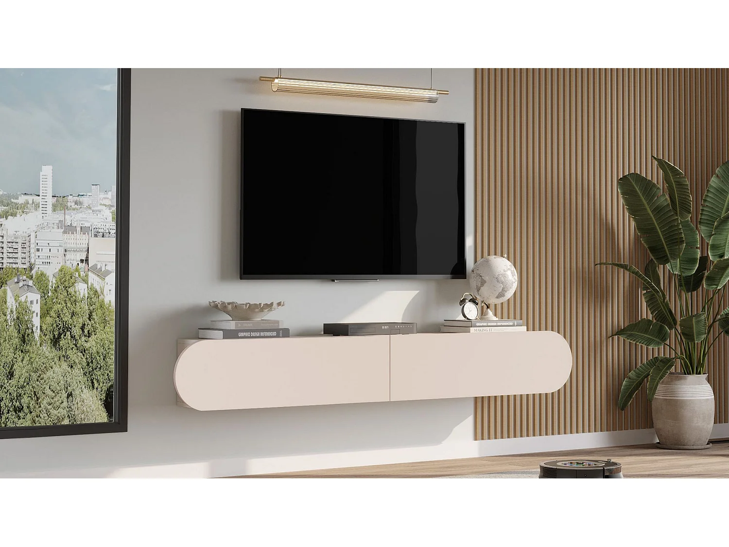 Meuble TV en bois "LUM1" - 180 x 31 x 29 cm - Crème