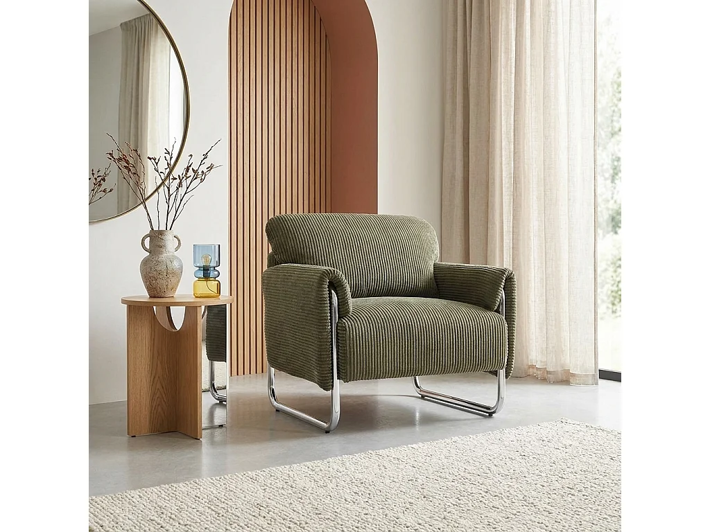 Fauteuil vintage velours côtelé armature chromée kaki - Vintage