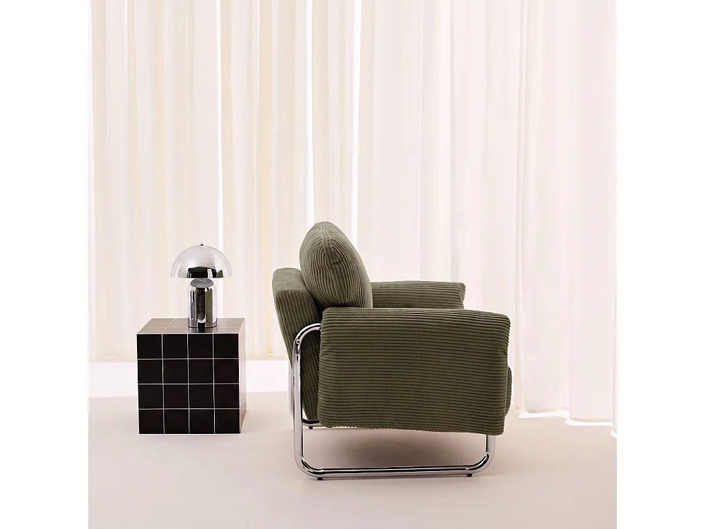 Fauteuil vintage velours côtelé armature chromée kaki - Vintage