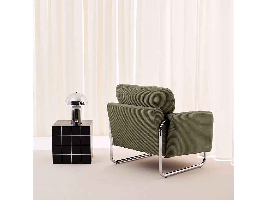 Fauteuil vintage velours côtelé armature chromée kaki - Vintage