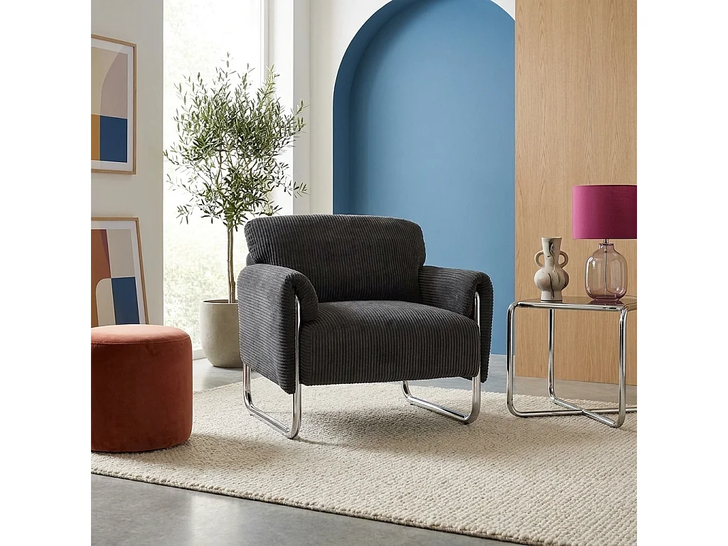 Fauteuil vintage velours côtelé armature chromée anthracite - Vintage