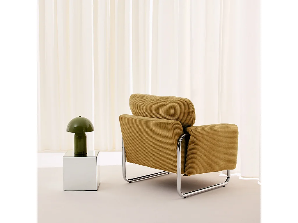 Fauteuil vintage velours côtelé armature chromée moutarde - Vintage