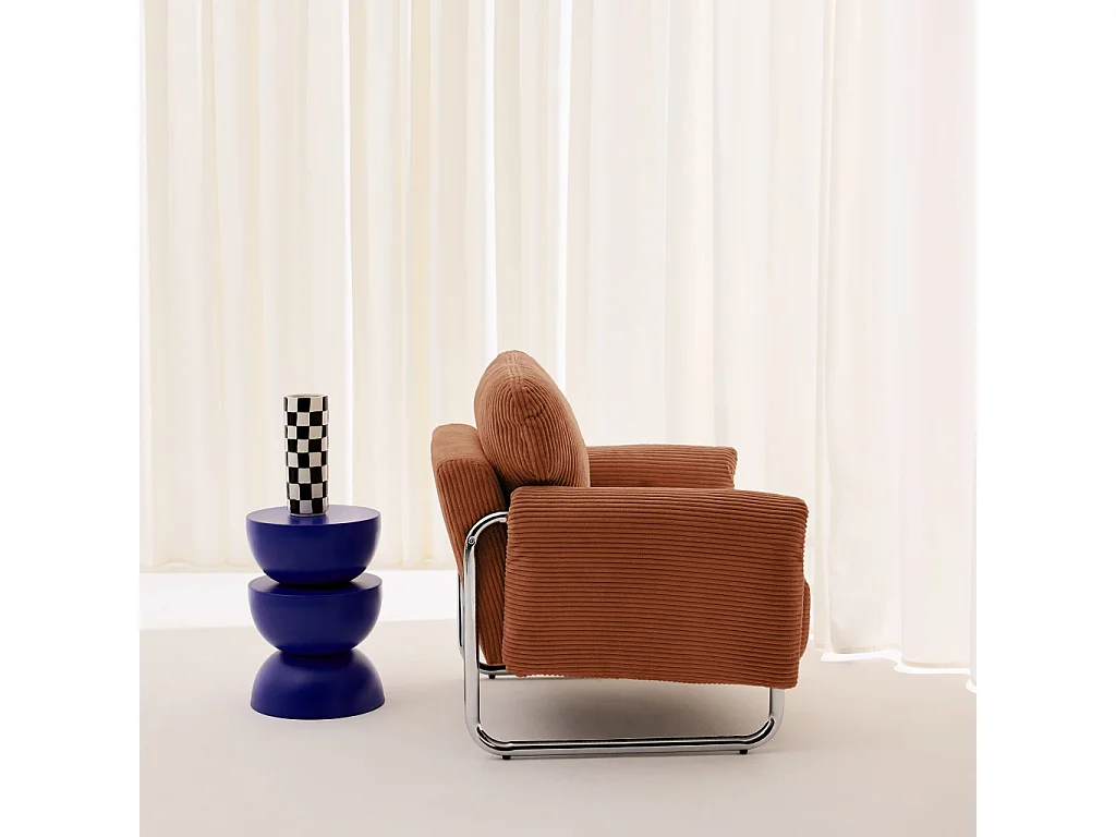 Fauteuil vintage velours côtelé armature chromée terracotta - Vintage