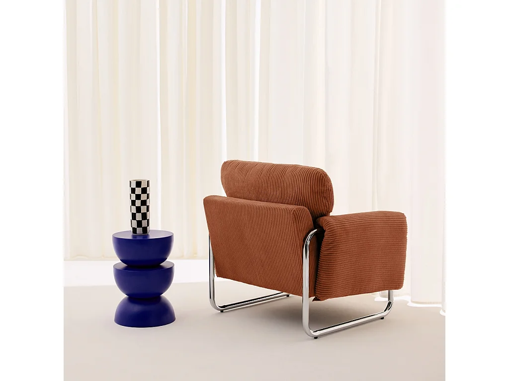 Fauteuil vintage velours côtelé armature chromée terracotta - Vintage