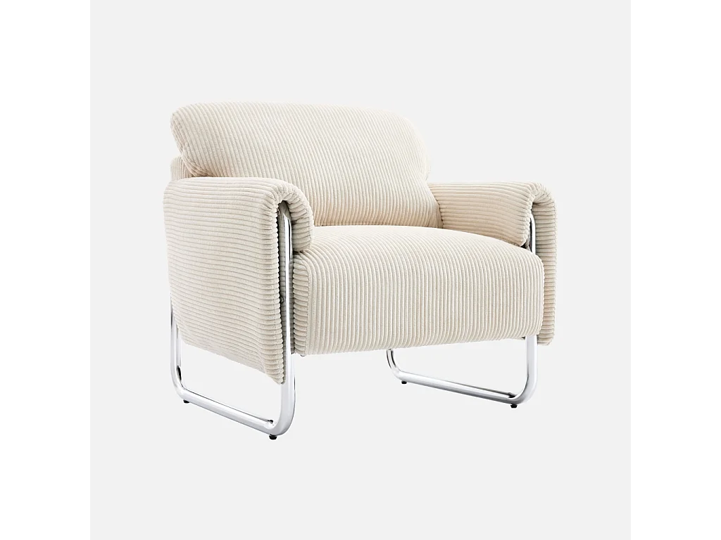 Fauteuil vintage velours côtelé armature chromée blanc cassé - Vintage