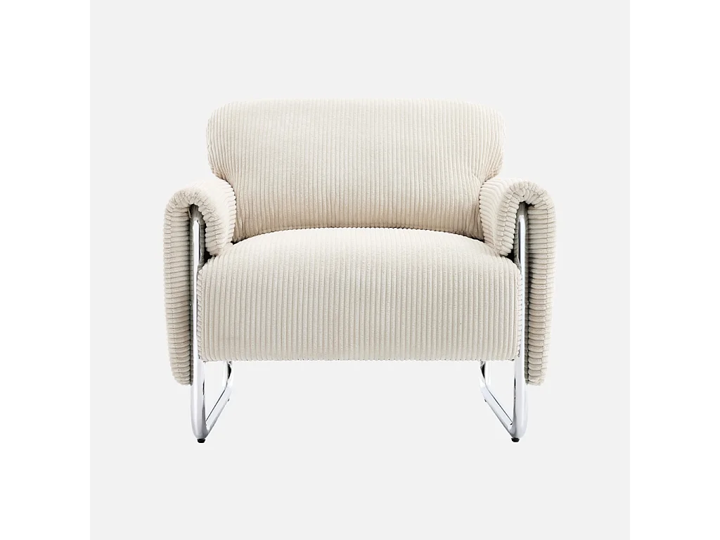 Fauteuil vintage velours côtelé armature chromée blanc cassé - Vintage