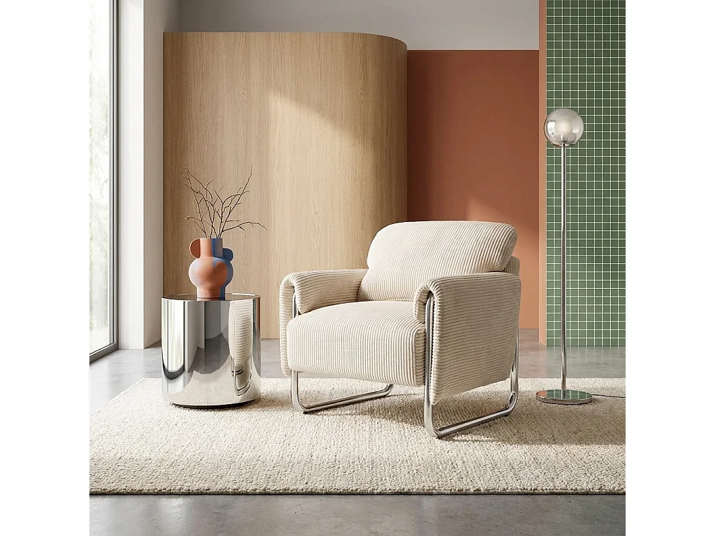 Fauteuil vintage velours côtelé armature chromée blanc cassé - Vintage