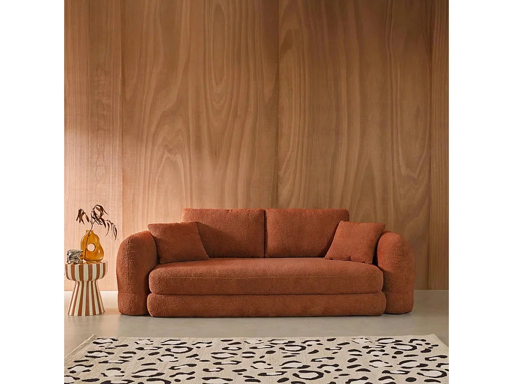 Canapé convertible 3 places en bouclette texturée terracotta L 243 x P 112 x H 66 cm - Sweeetch