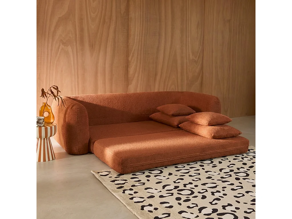 Canapé convertible 3 places en bouclette texturée terracotta L 243 x P 112 x H 66 cm - Sweeetch