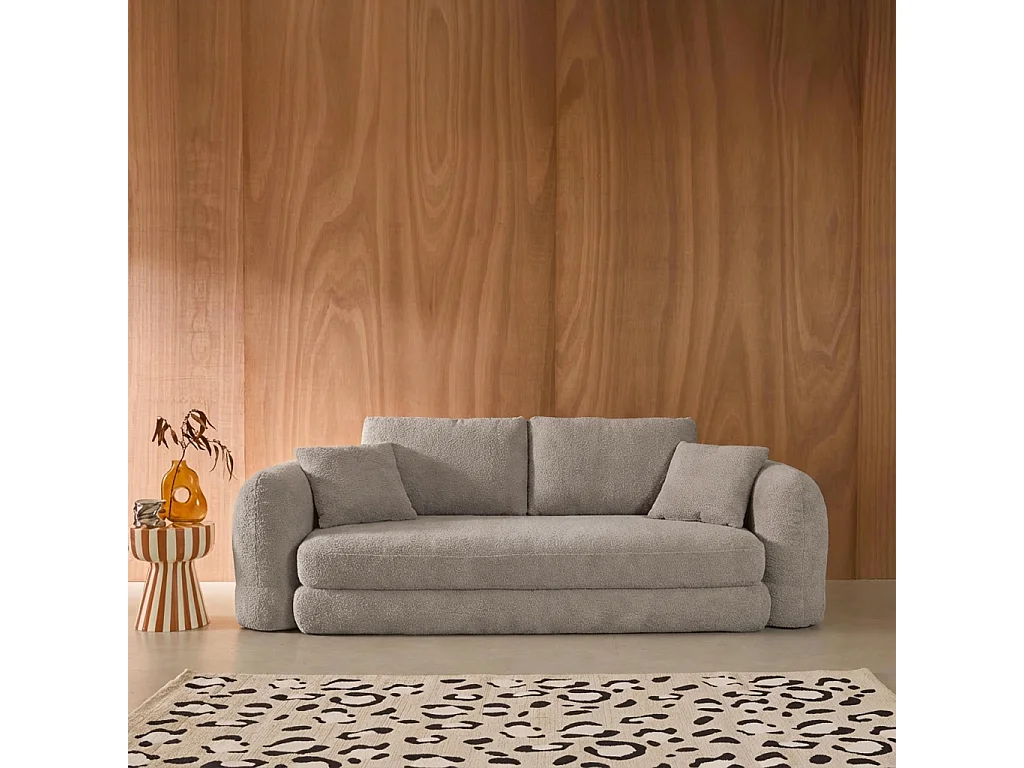 Canapé convertible 3 places en bouclette texturée gris clair L 243 x P 112 x H 66 cm - Sweeetch