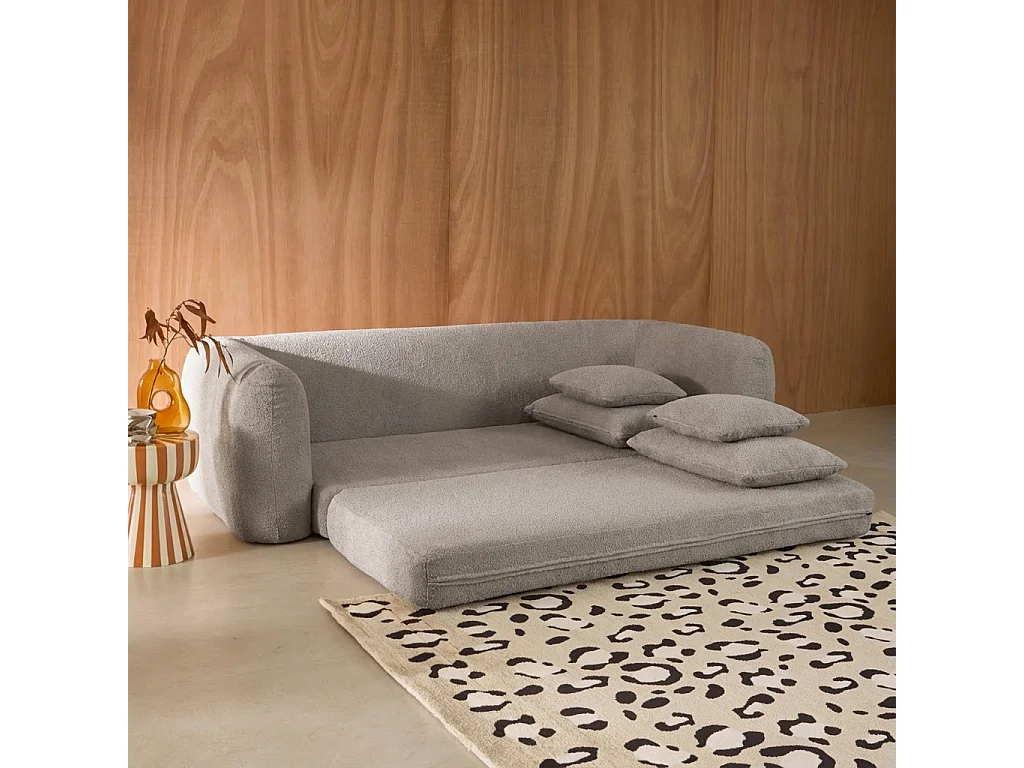 Canapé convertible 3 places en bouclette texturée gris clair L 243 x P 112 x H 66 cm - Sweeetch