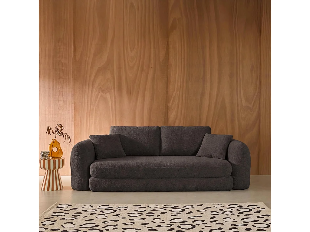 Canapé convertible 3 places en bouclette texturée gris foncé L 243 x P 112 x H 66 cm - Sweeetch