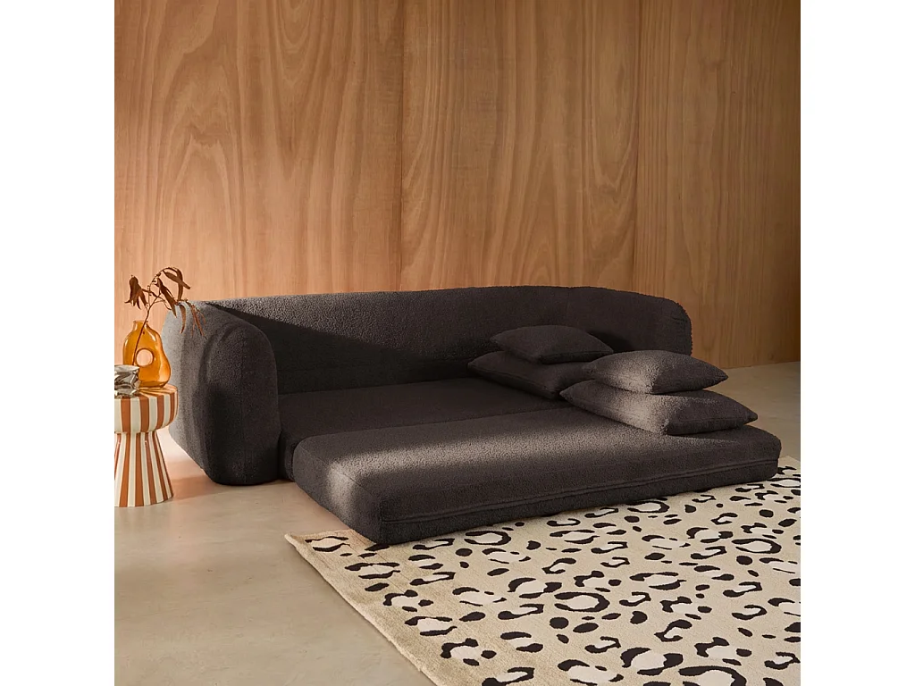 Canapé convertible 3 places en bouclette texturée gris foncé L 243 x P 112 x H 66 cm - Sweeetch