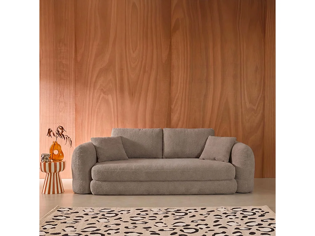 Canapé convertible 3 places en bouclette texturée taupe L 243 x P 112 x H 66 cm - Sweeetch