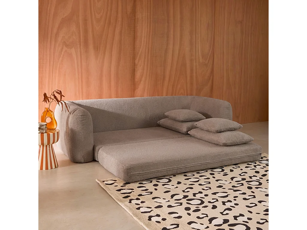 Canapé convertible 3 places en bouclette texturée taupe L 243 x P 112 x H 66 cm - Sweeetch