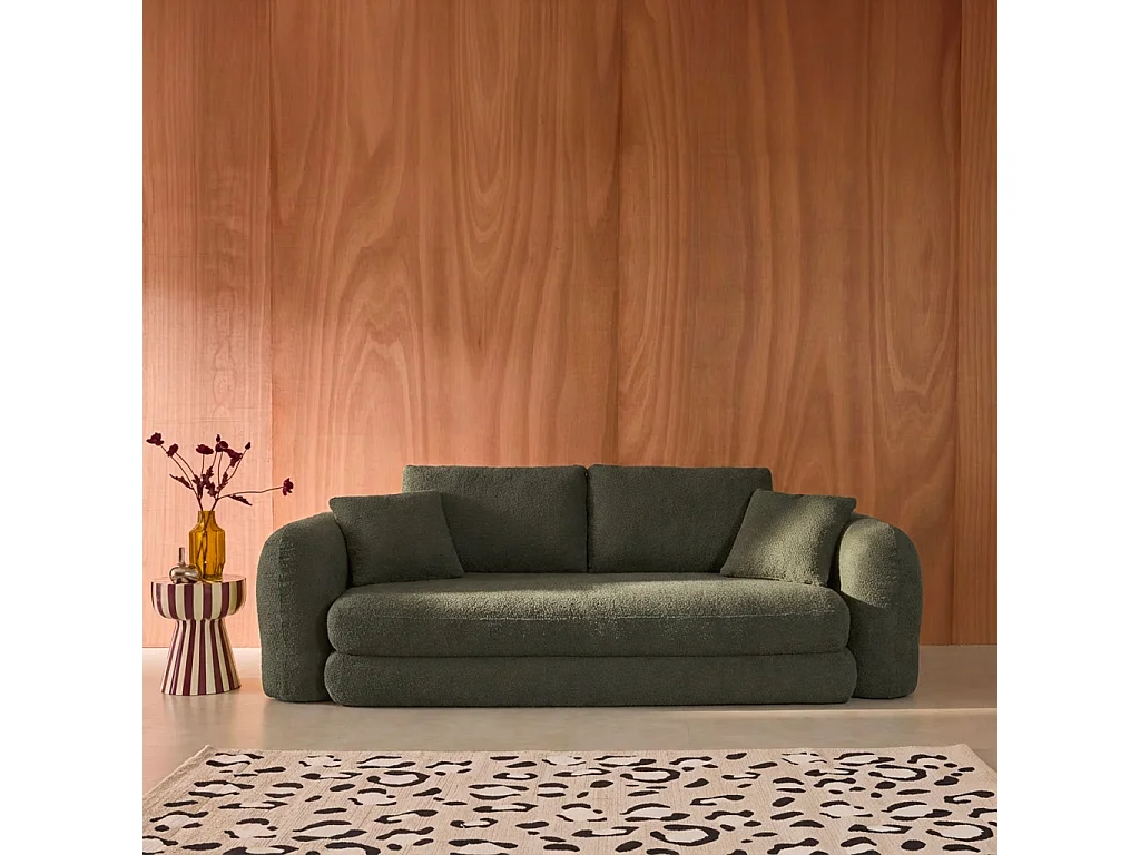 Canapé convertible 3 places en bouclette texturée kaki L 243 x P 112 x H 66 cm - Sweeetch