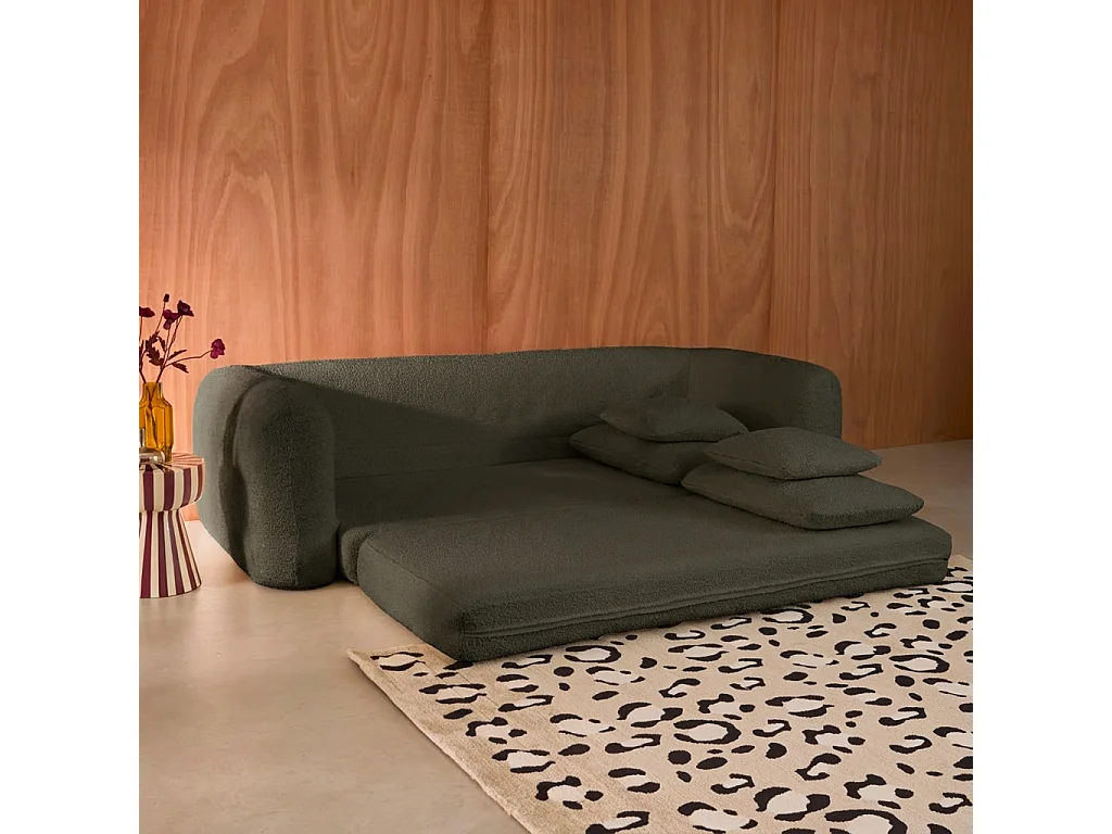 Canapé convertible 3 places en bouclette texturée kaki L 243 x P 112 x H 66 cm - Sweeetch