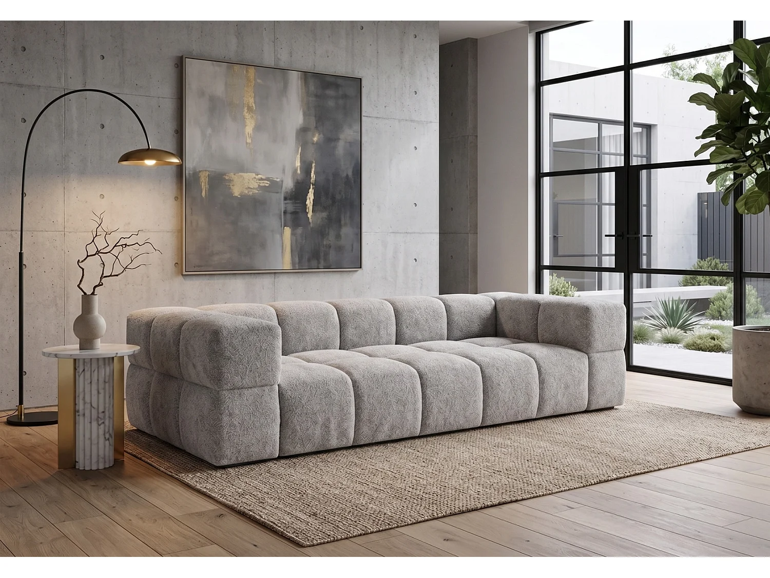 Canapé bubble VALLEY 3 places convertible – gris tissu bouclé luxueux, design moderne, confort maximal