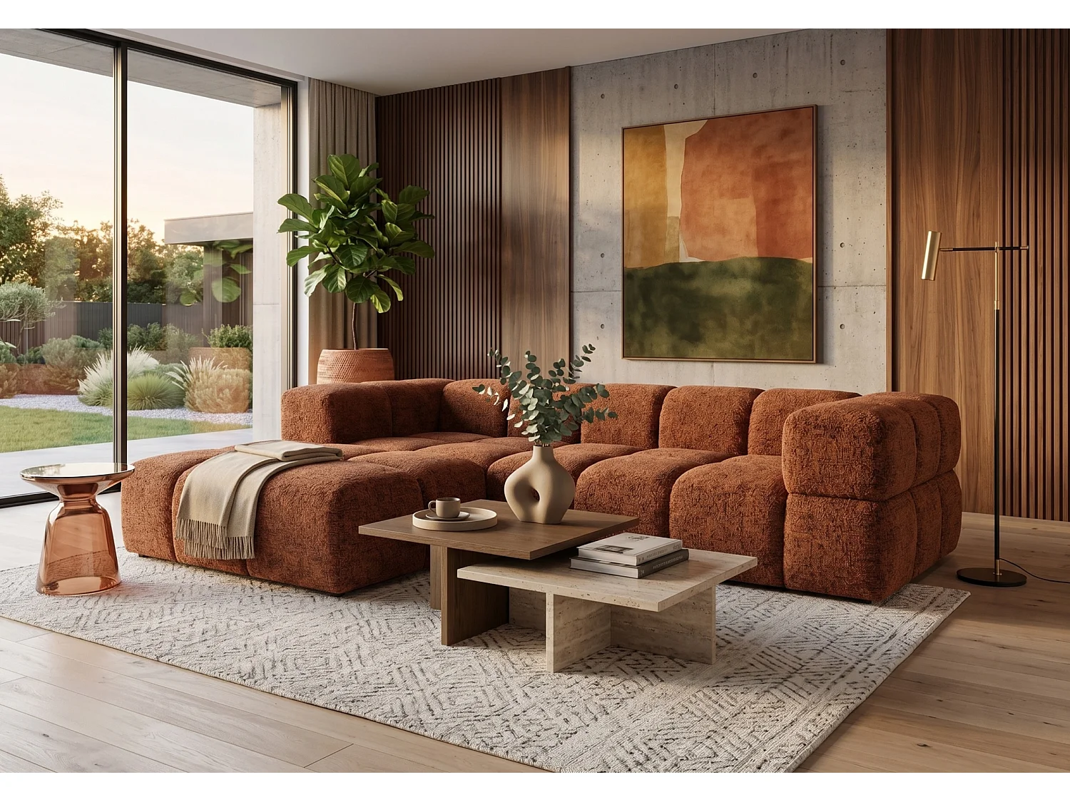 Canapé d’angle gauche Valley Bubble avec fonction couchage, design moderne, coloris cuivré, super confortable