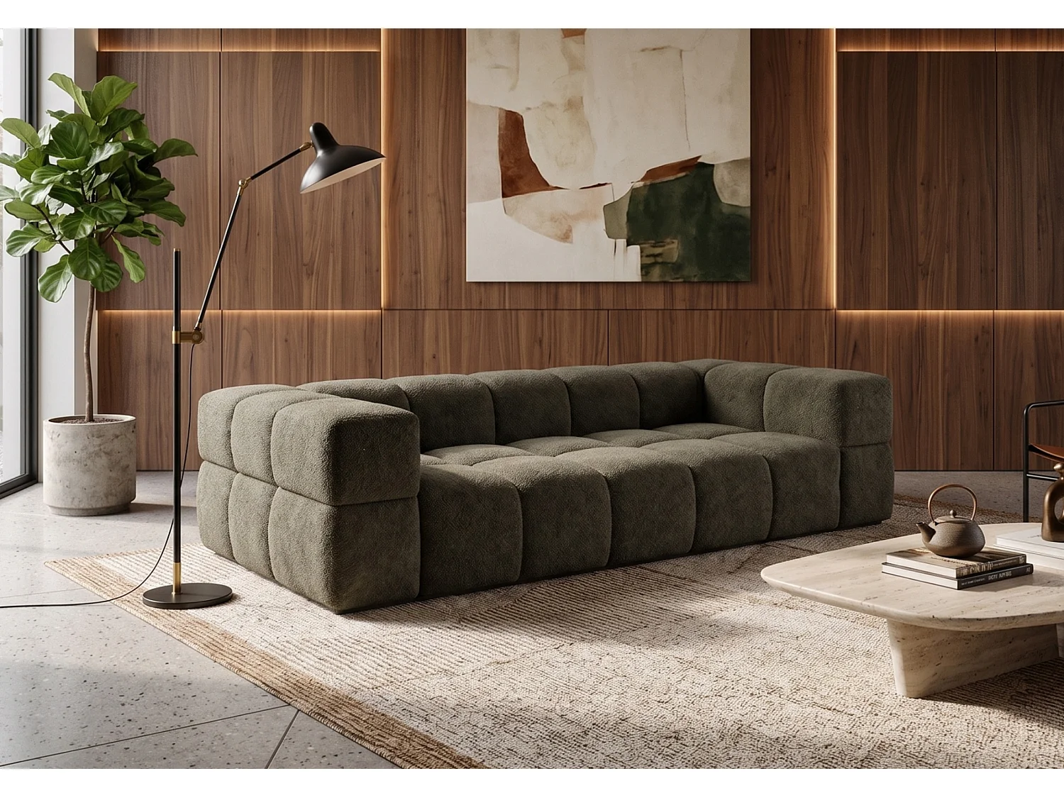Canapé bubble VALLEY 3 places convertible – vert bouteille tissu bouclé luxueux, design moderne, confort maximal