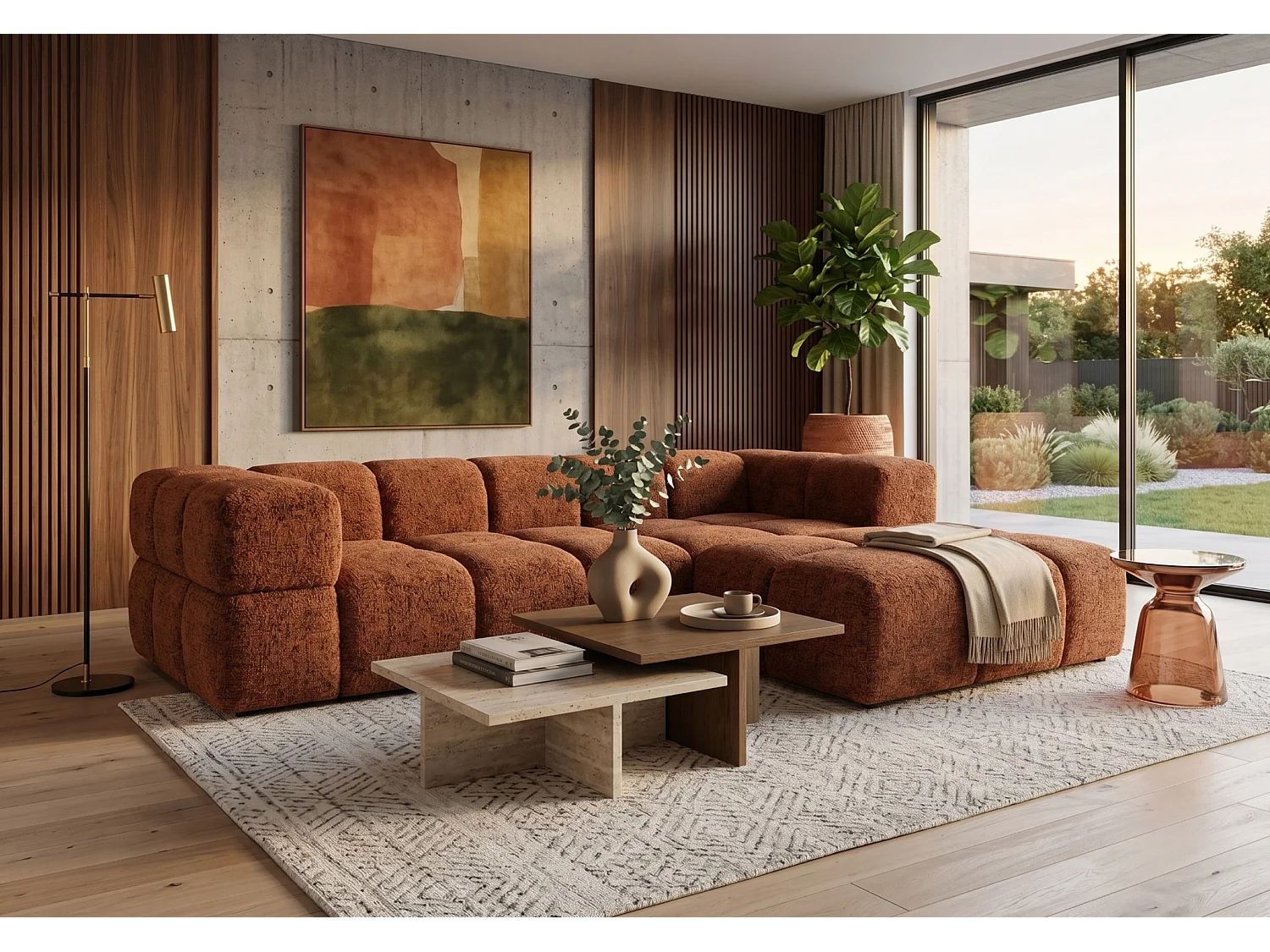 Canapé d’angle droit Valley Bubble avec fonction couchage, design moderne, coloris cuivré, super confortable