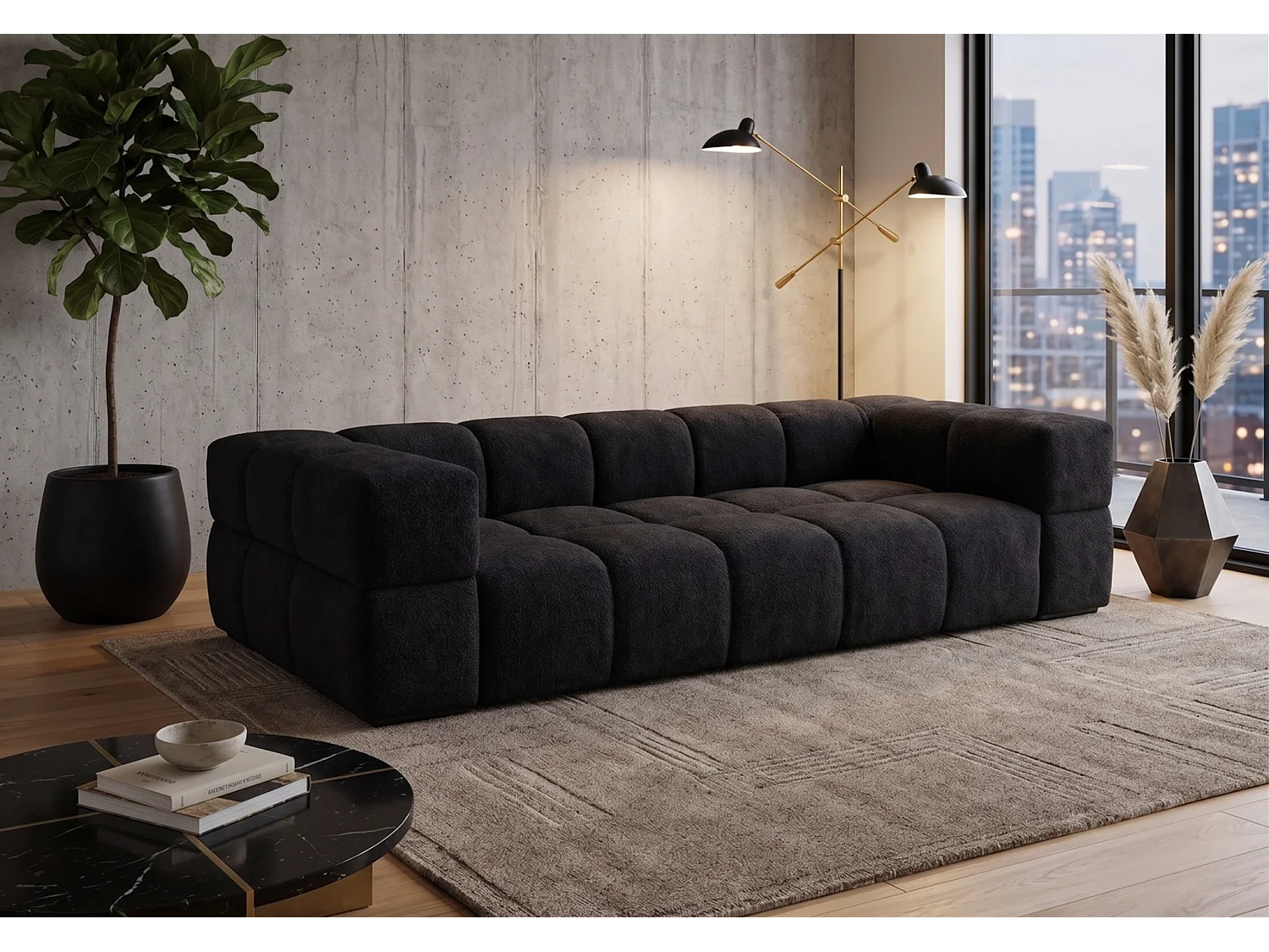 Canapé bubble VALLEY 3 places convertible – noir tissu bouclé luxueux, design moderne, confort maximal