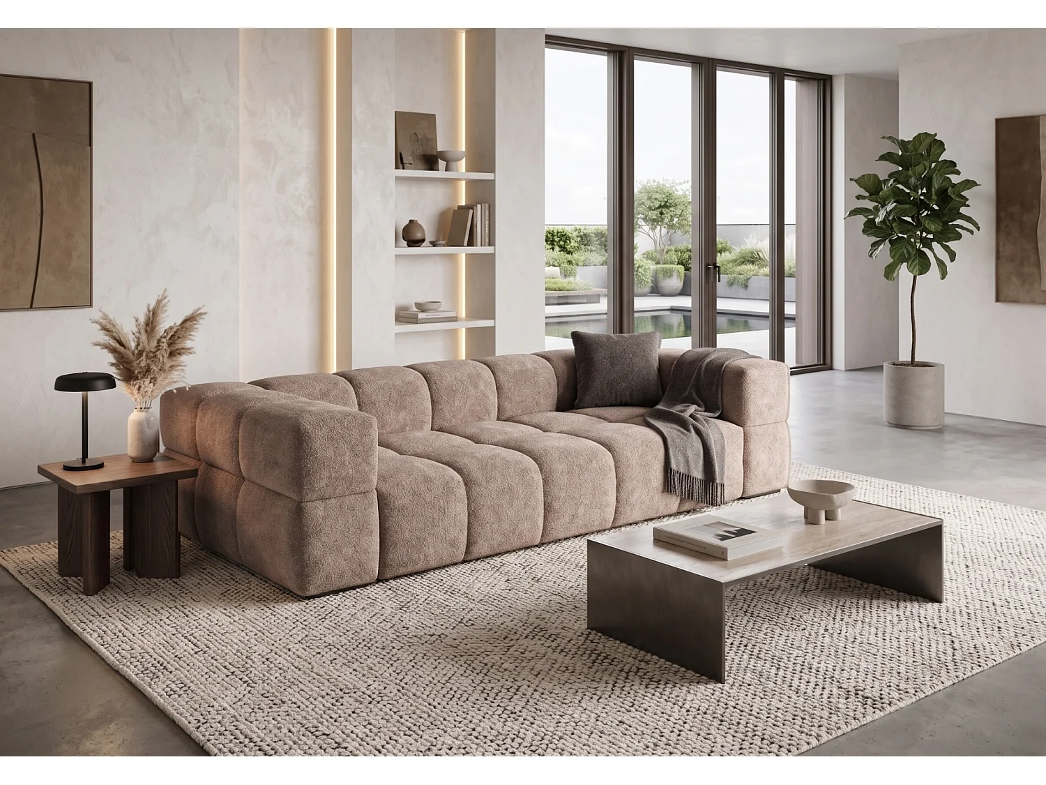 Canapé bubble VALLEY 3 places convertible – beige tissu bouclé luxueux, design moderne, confort maximal