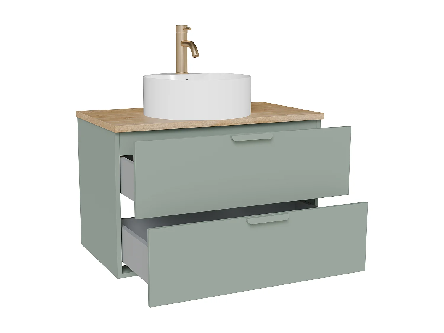 Meuble de salle de bain suspendu avec vasque à poser ronde et robinet – Vert sauge – L80 cm – AVORELI
