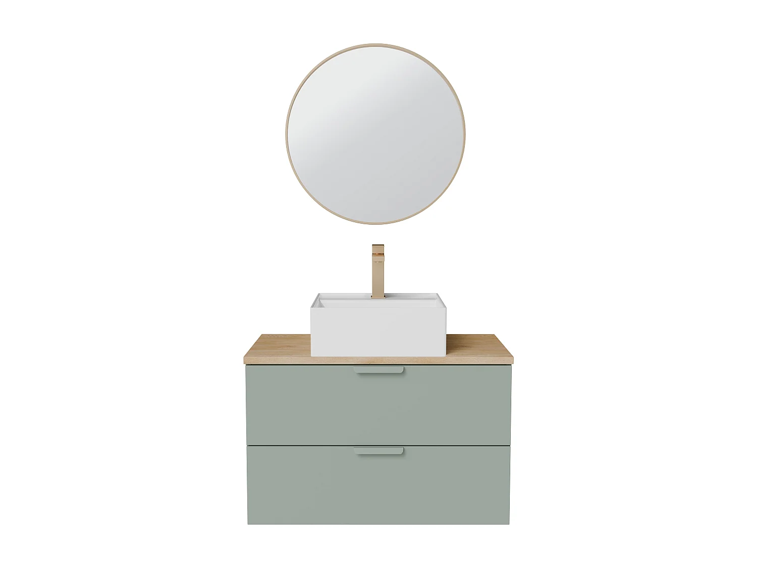 Meuble de salle de bain suspendu avec vasque à poser carrée, robinet et miroir – Vert sauge – L80 cm – AVORELI
