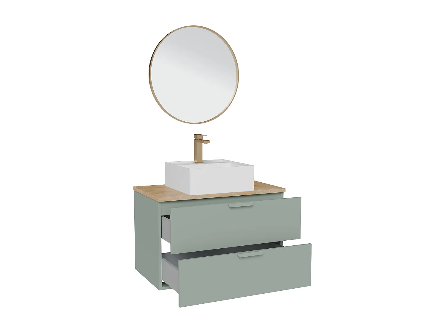 Meuble de salle de bain suspendu avec vasque à poser carrée, robinet et miroir – Vert sauge – L80 cm – AVORELI
