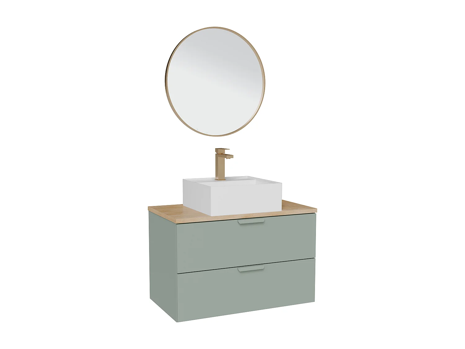 Meuble de salle de bain suspendu avec vasque à poser carrée, robinet et miroir – Vert sauge – L80 cm – AVORELI