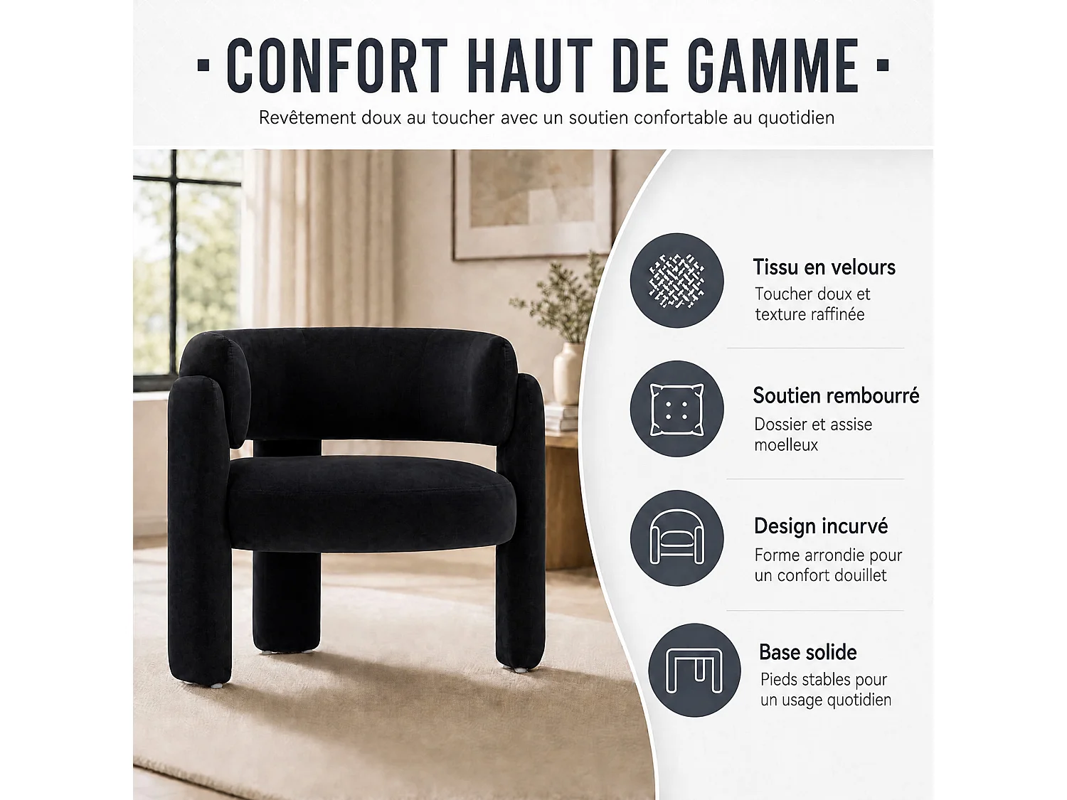 SMARTUE Lot de 2 chaises avec accoudoirs en velours pieds tripodes Noir