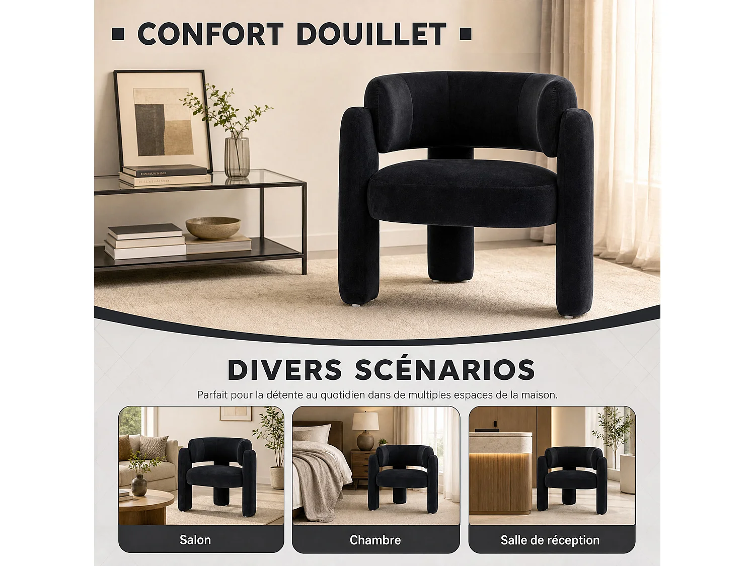SMARTUE Lot de 2 chaises avec accoudoirs en velours pieds tripodes Noir
