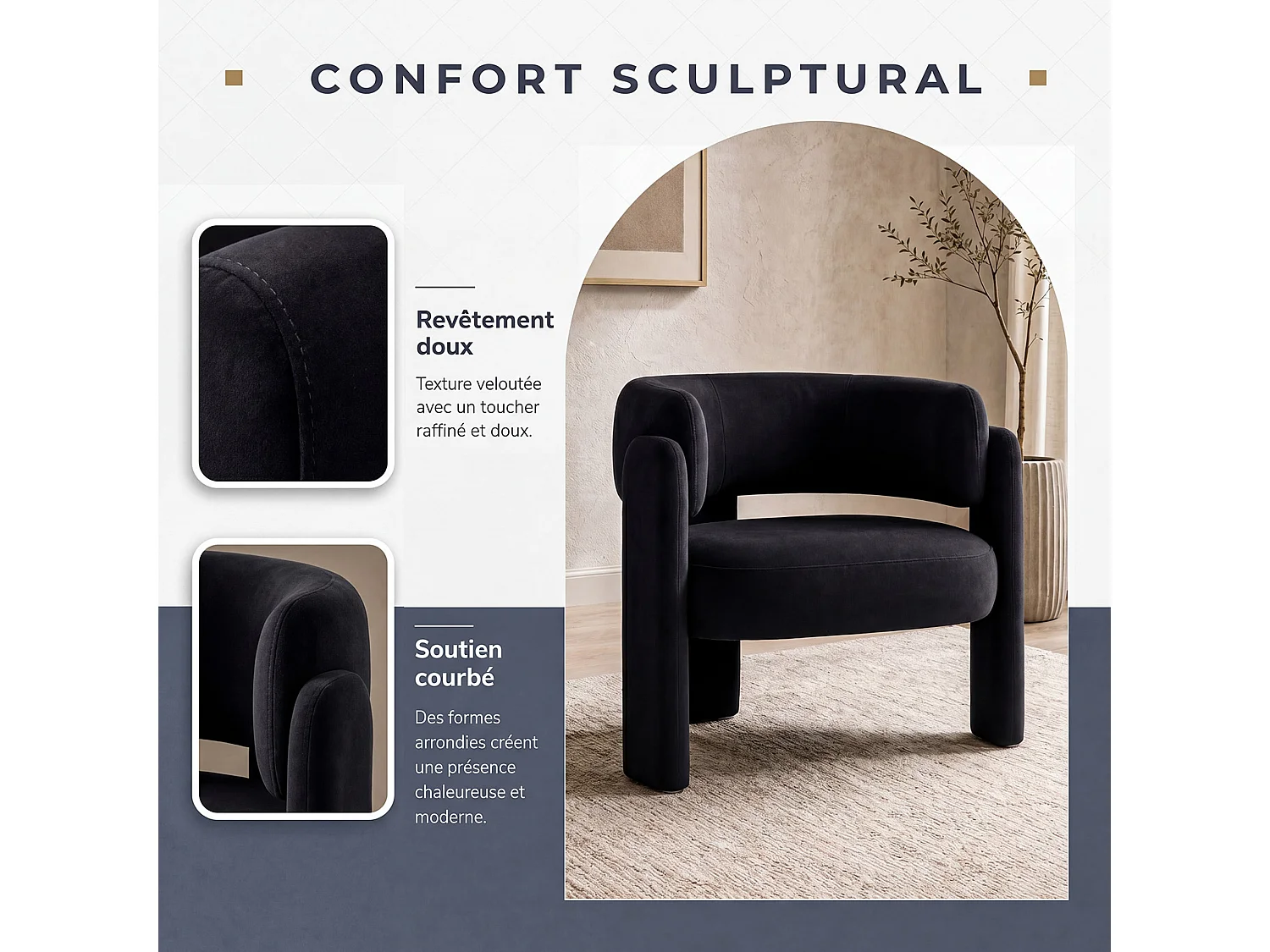 SMARTUE Lot de 2 chaises avec accoudoirs en velours pieds tripodes Noir