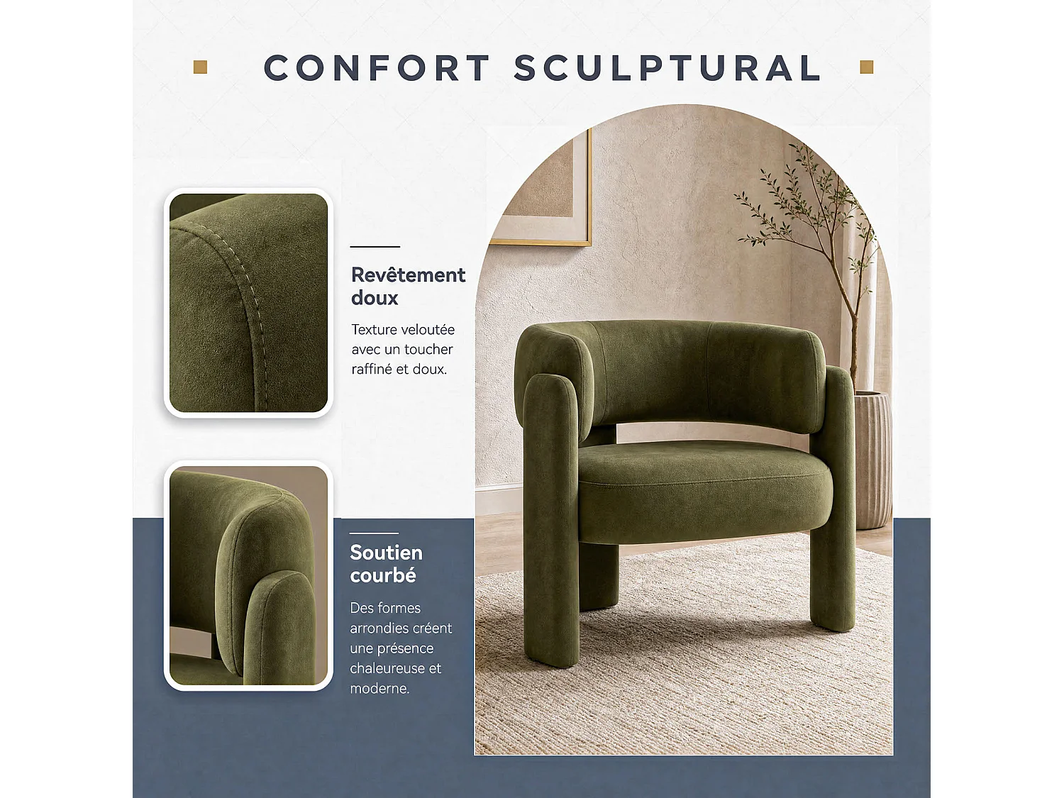 SMARTUE Lot de 2 chaises avec accoudoirs en velours pieds tripodes Vert
