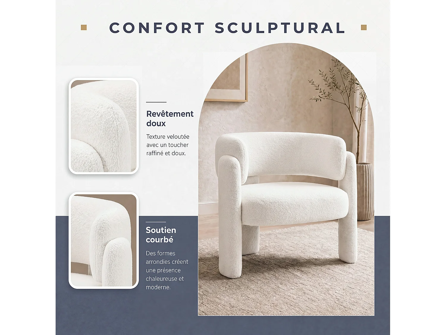 SMARTUE Lot de 2 chaises avec accoudoirs en bouclette pieds tripodes Crème