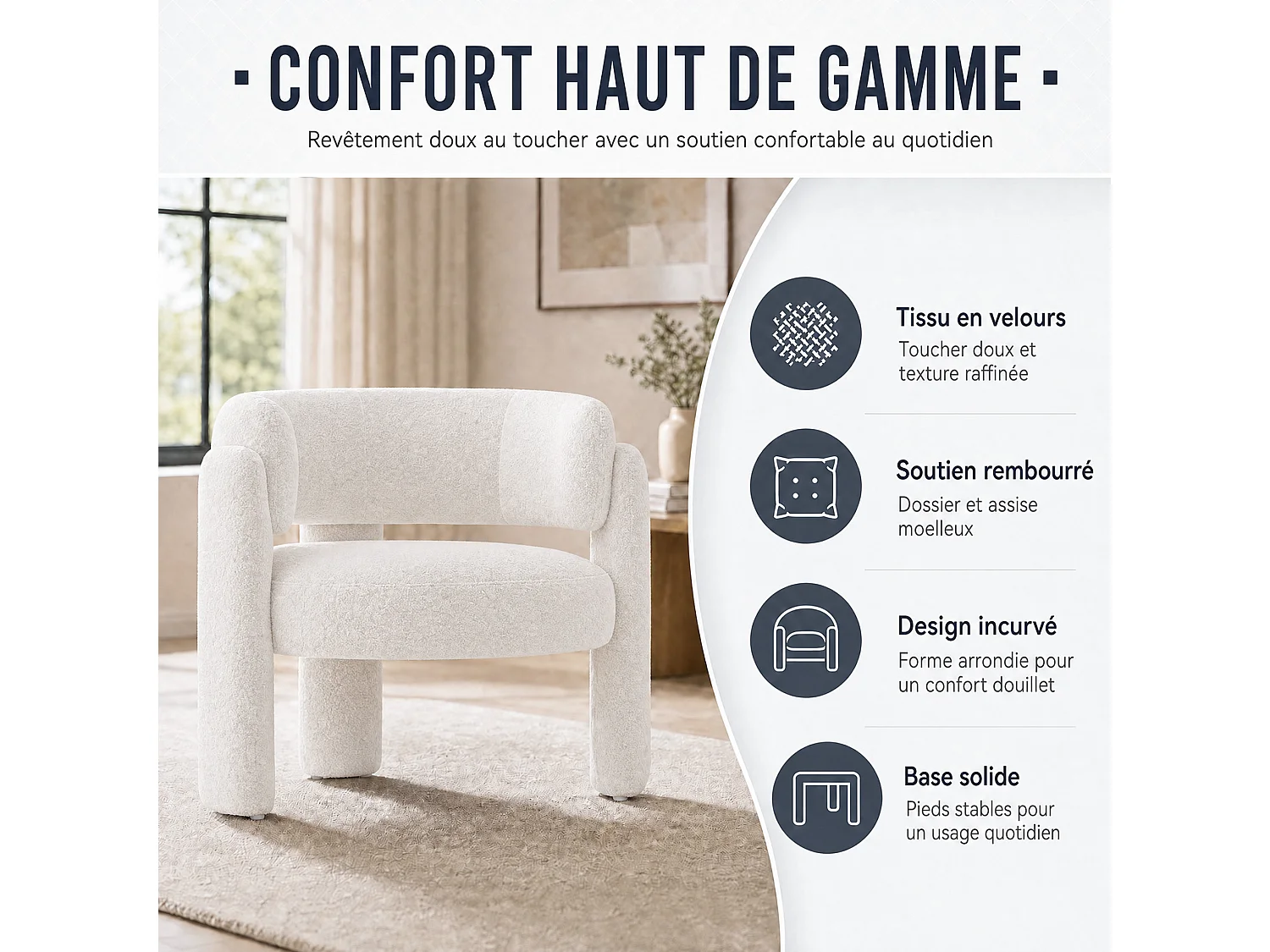 SMARTUE Lot de 2 chaises avec accoudoirs en bouclette pieds tripodes Crème