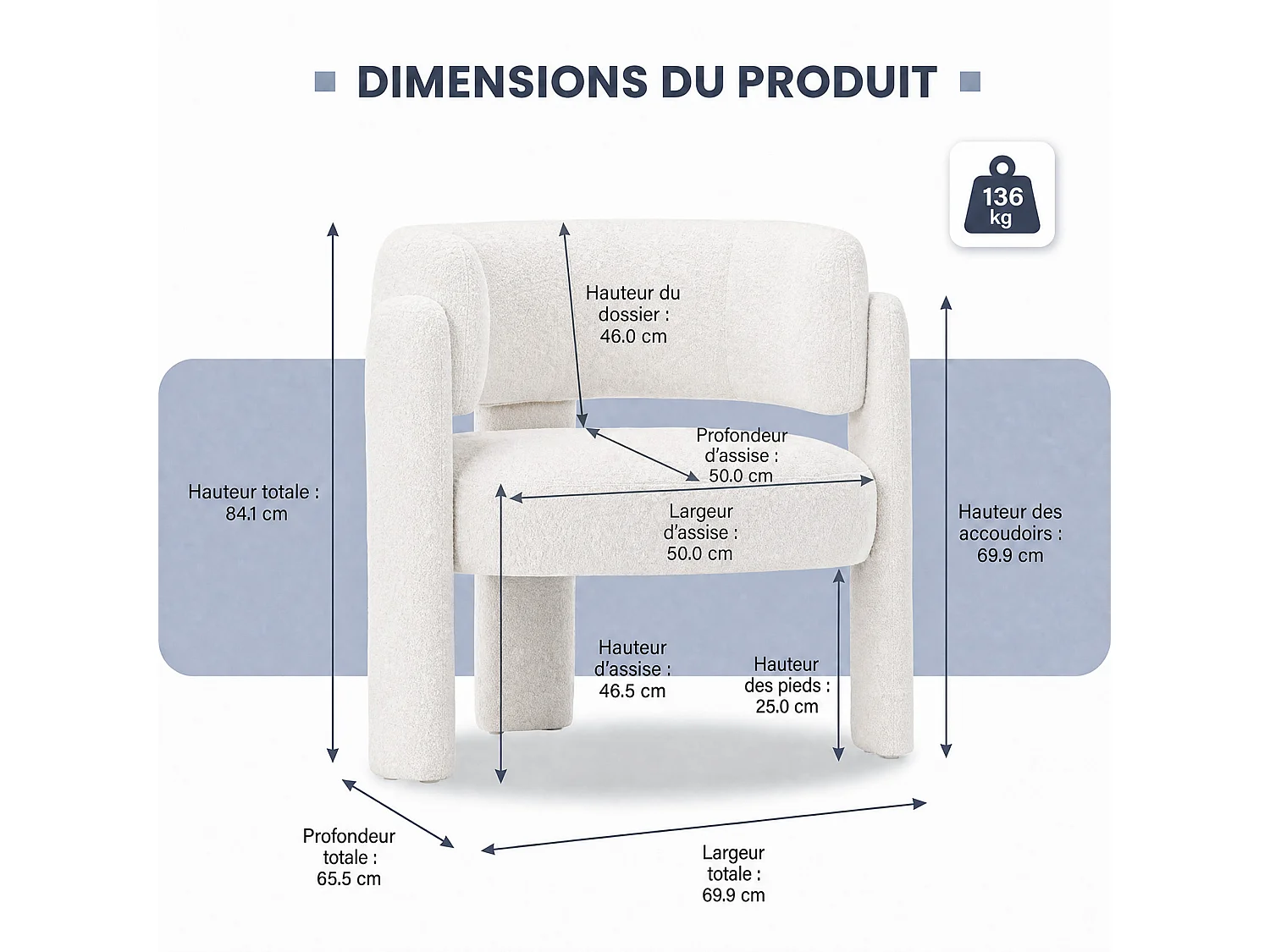SMARTUE Chaise avec accoudoirs en sherpa pieds tripodes Crème - à l'unité