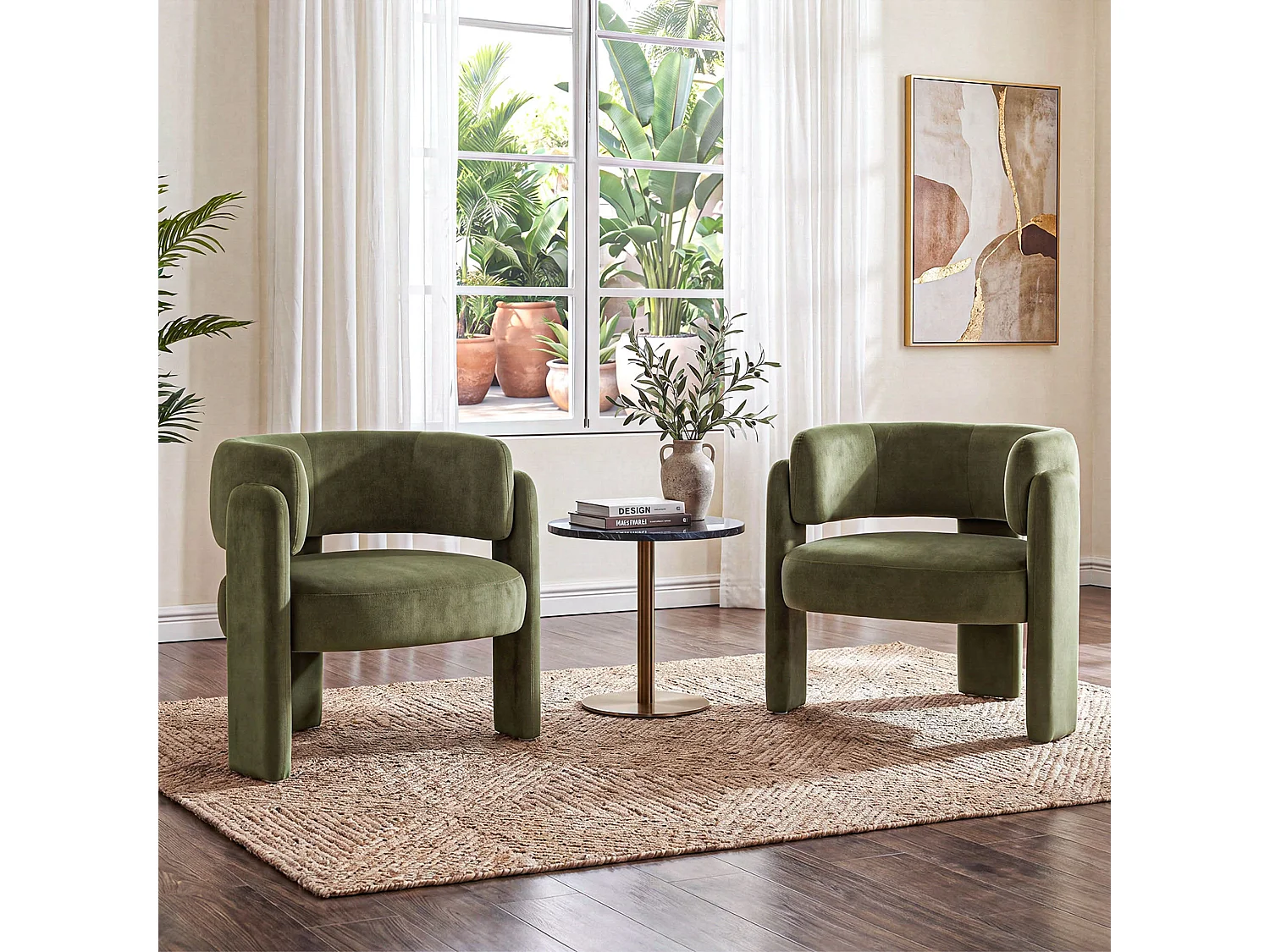 SMARTUE Chaise avec accoudoirs en velours pieds tripodes Vert - à l'unité