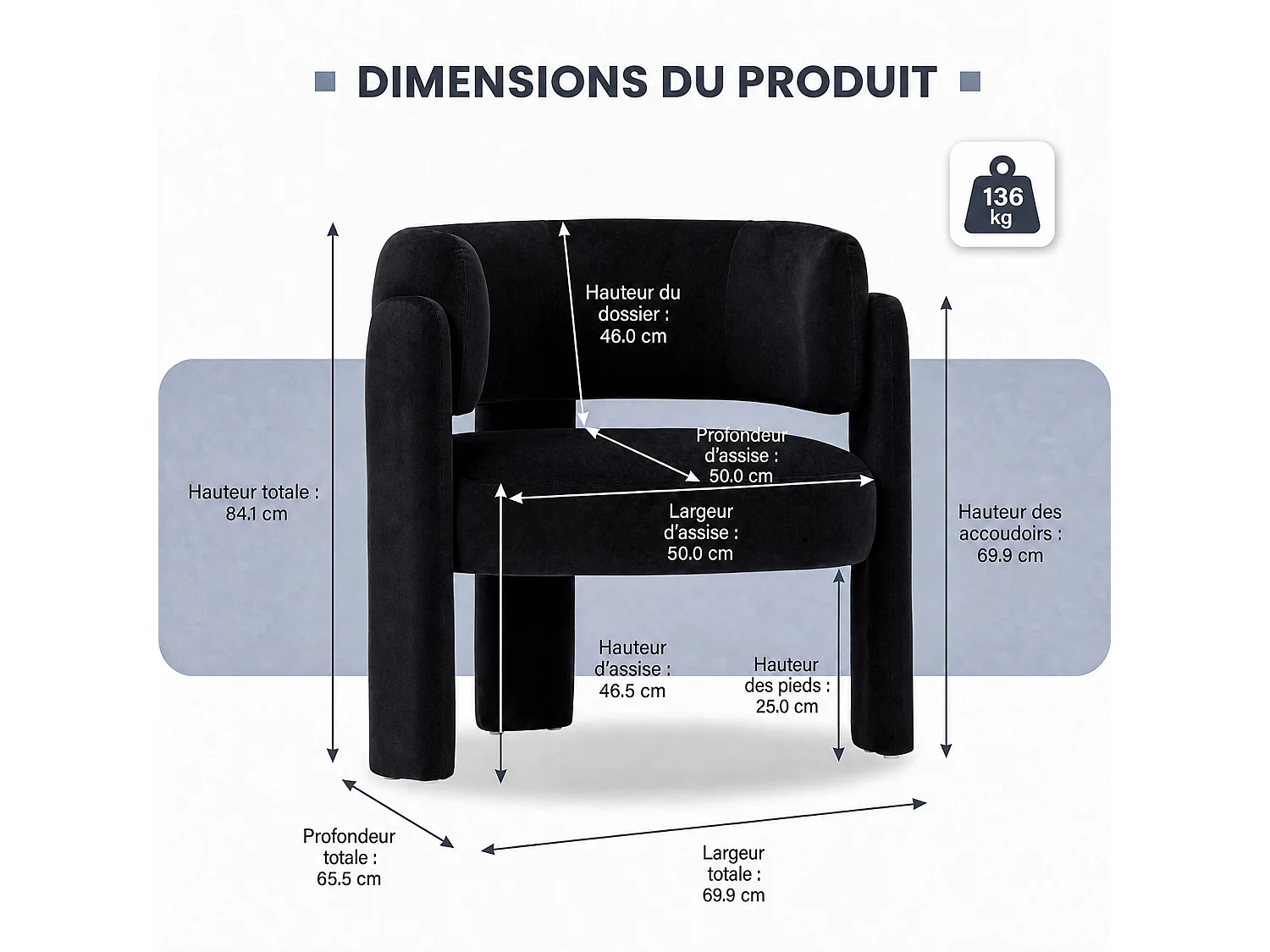 SMARTUE Chaise avec accoudoirs en velours pieds tripodes Noir - à l'unité
