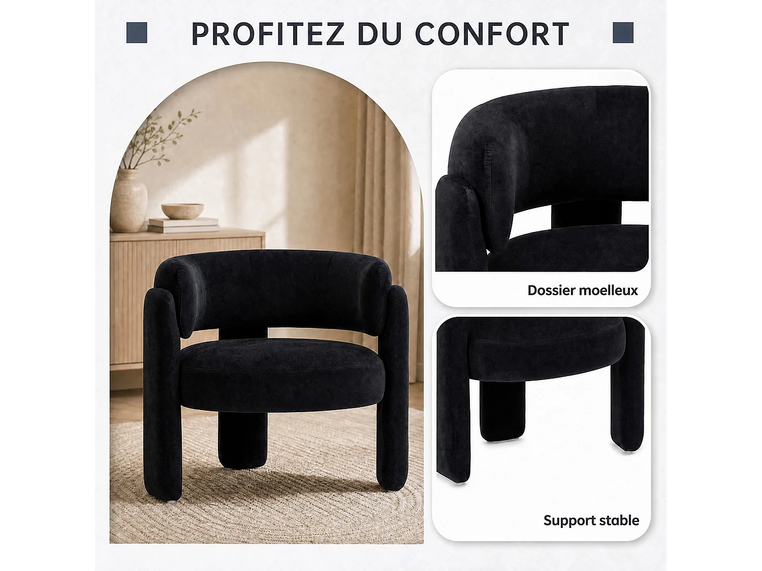 SMARTUE Chaise avec accoudoirs en velours pieds tripodes Noir - à l'unité