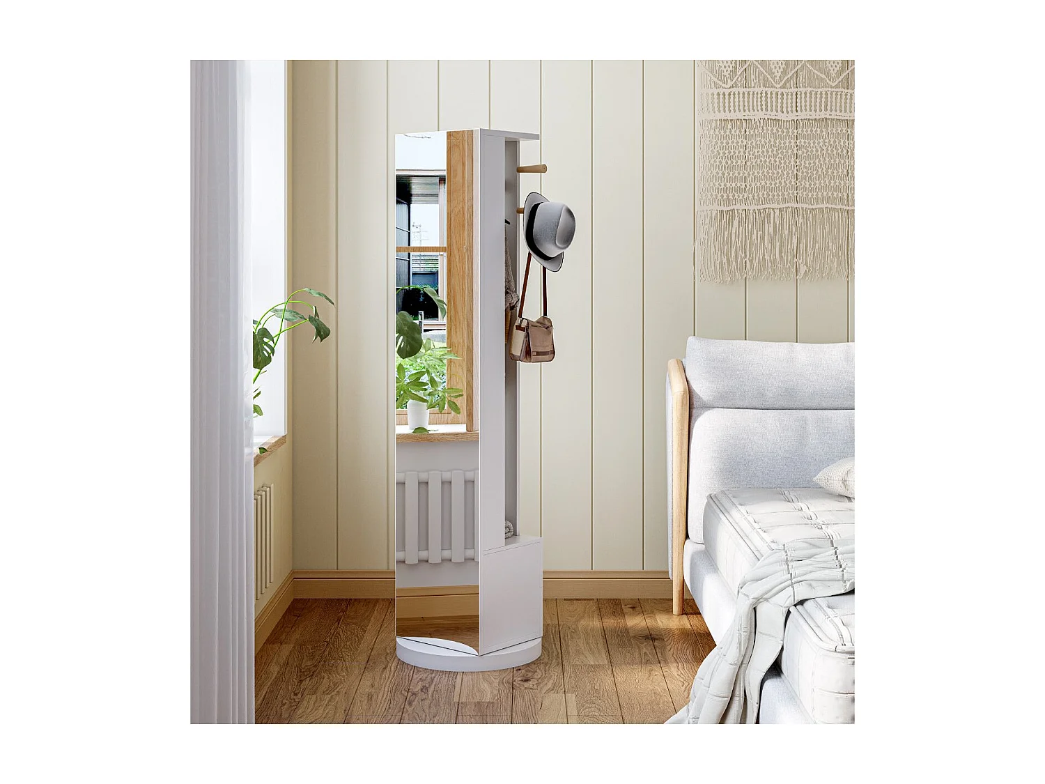 Miroir sur pied rotatif 360° avec porte-manteaux et rangement, miroir plein pied avec tiroirs, meuble entrée