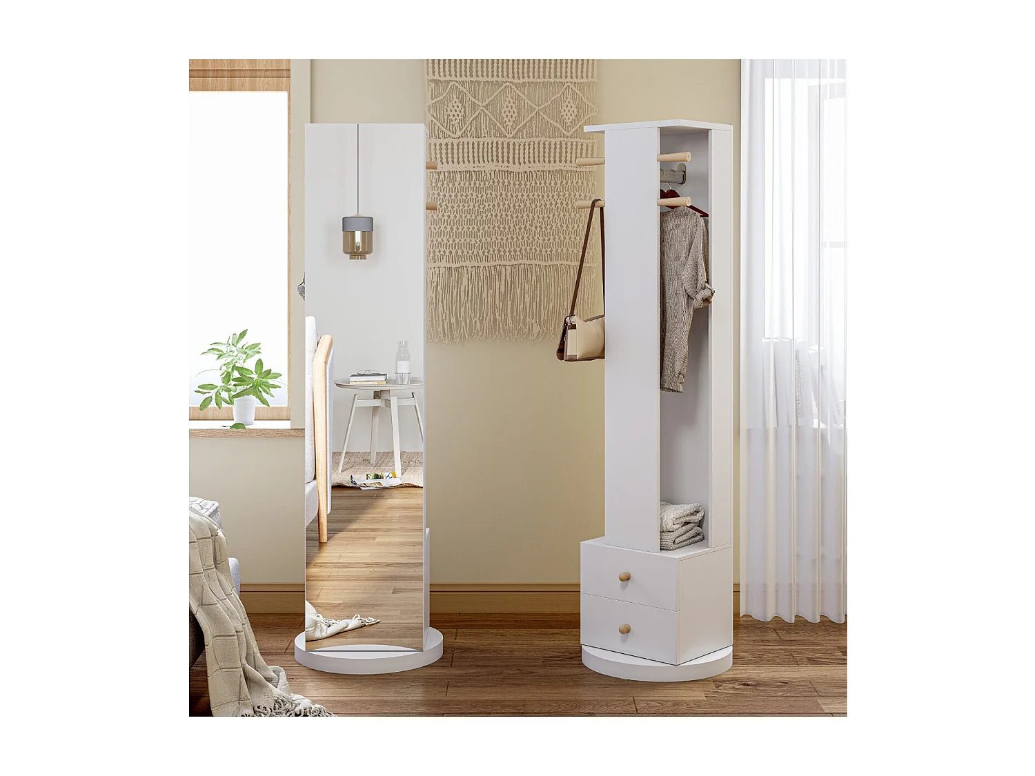 Miroir sur pied rotatif 360° avec porte-manteaux et rangement, miroir plein pied avec tiroirs, meuble entrée