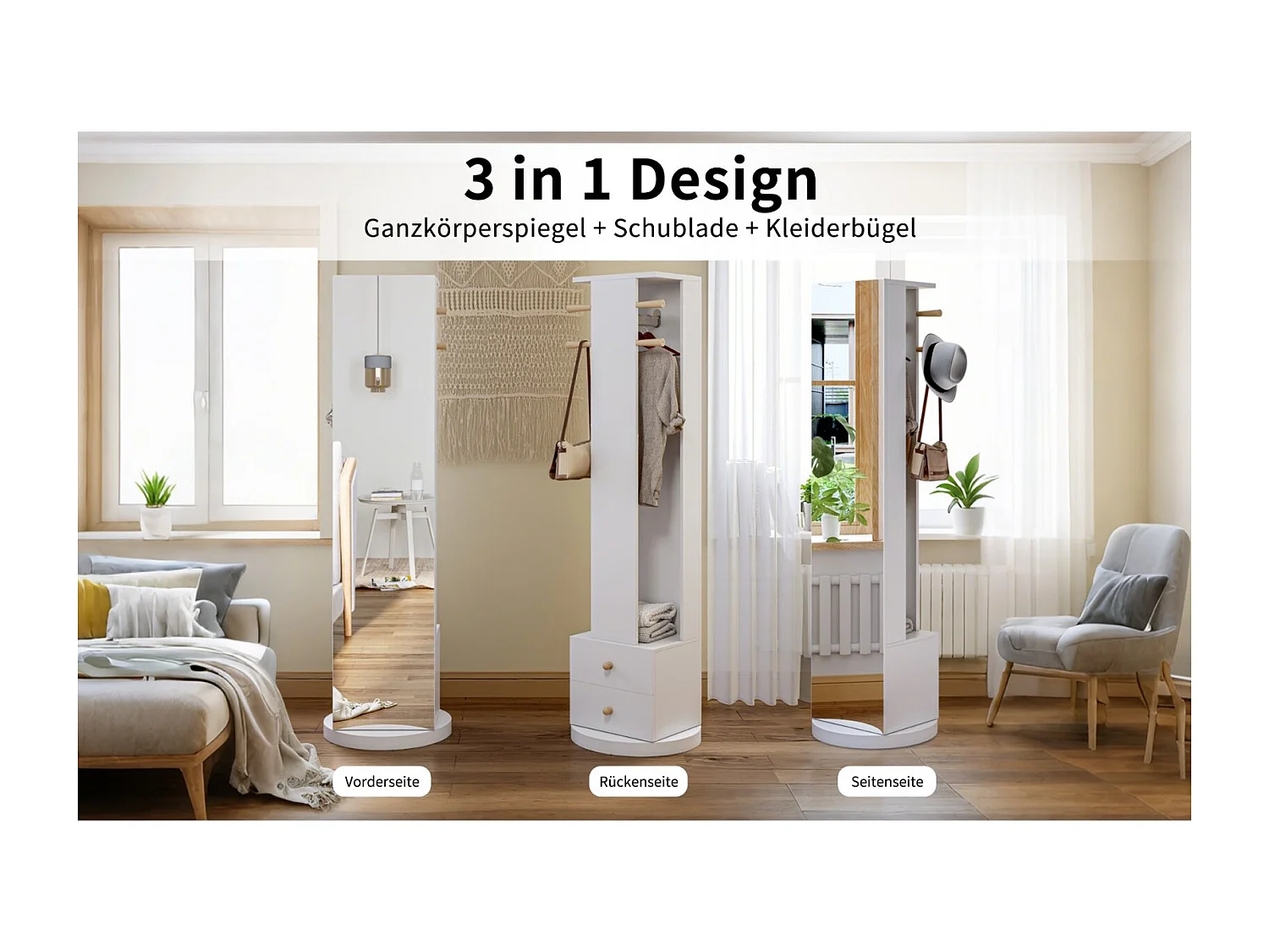 Miroir sur pied rotatif 360° avec porte-manteaux et rangement, miroir plein pied avec tiroirs, meuble entrée