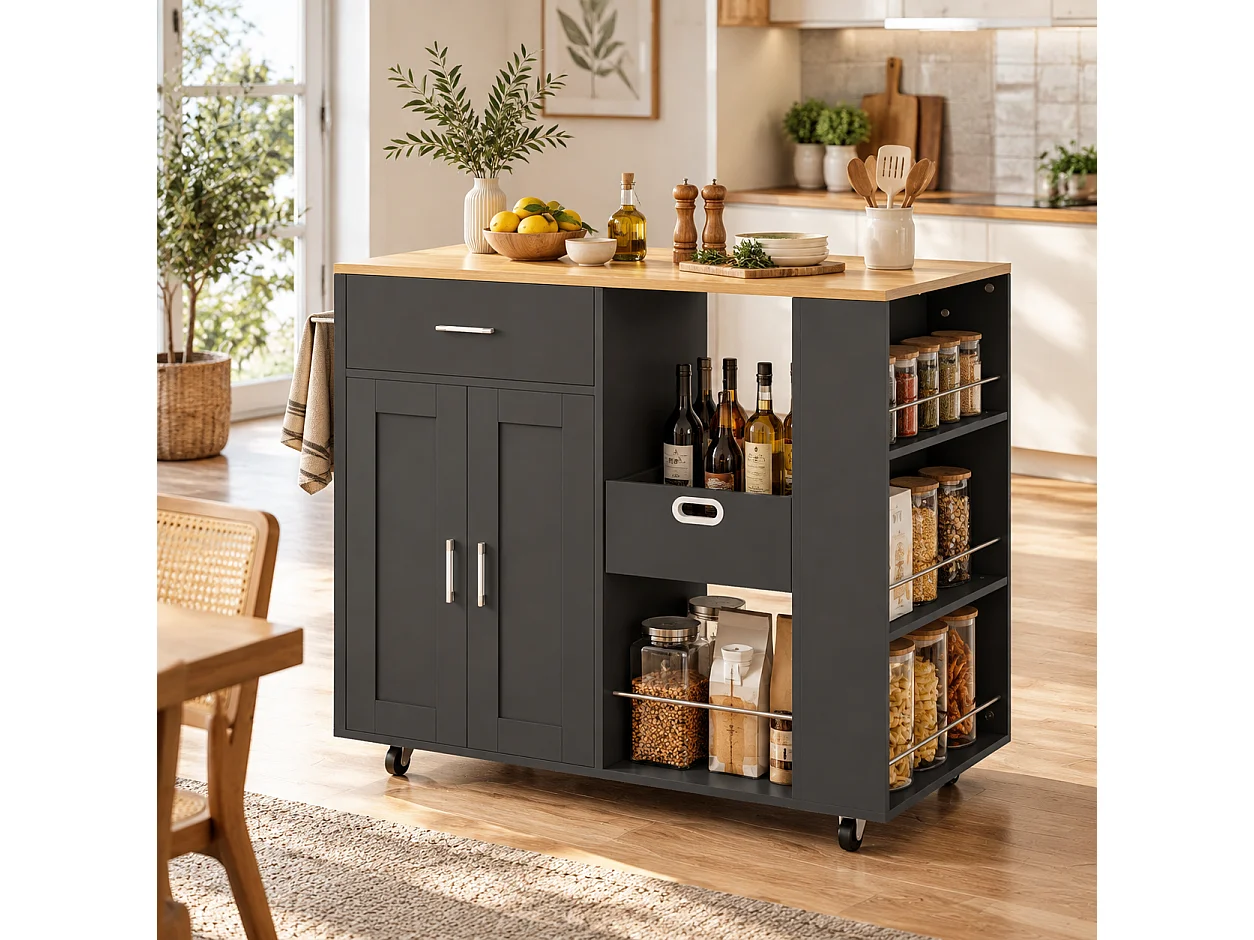 Meuble de Rangement Moderne avec 2 Portes, 1 Tiroir et Espace Ouvert, Design Élégant en noir et Bois