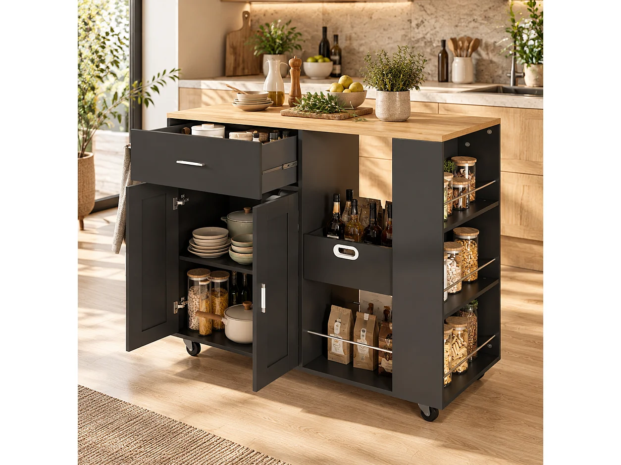 Meuble de Rangement Moderne avec 2 Portes, 1 Tiroir et Espace Ouvert, Design Élégant en noir et Bois