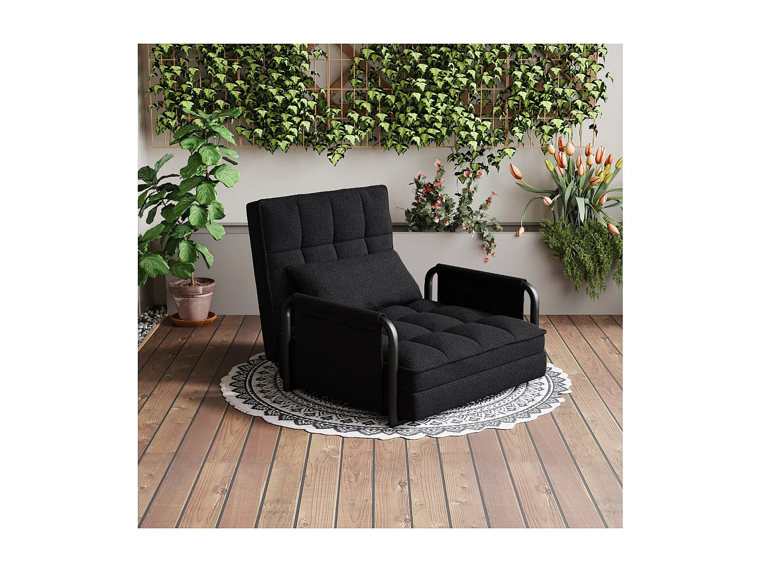 Fauteuil convertible 1 place en tissu bouclette noir, 5 positions réglables, chauffeuse lit avec poches latérales