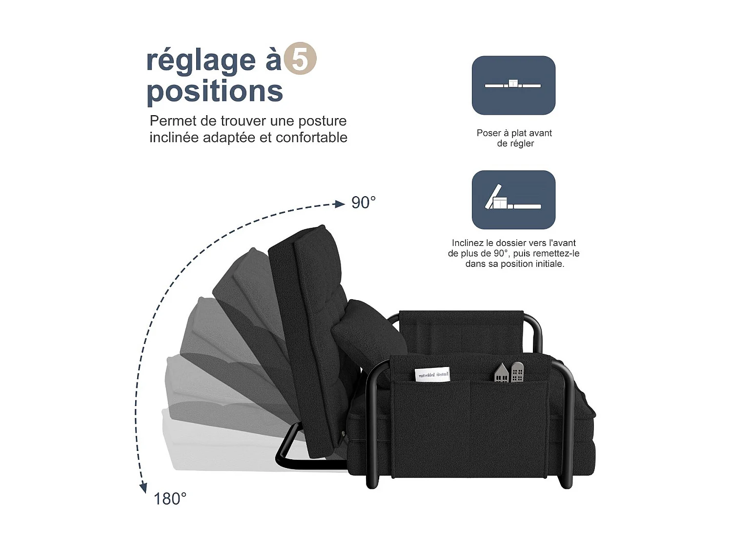 Fauteuil convertible 1 place en tissu bouclette noir, 5 positions réglables, chauffeuse lit avec poches latérales